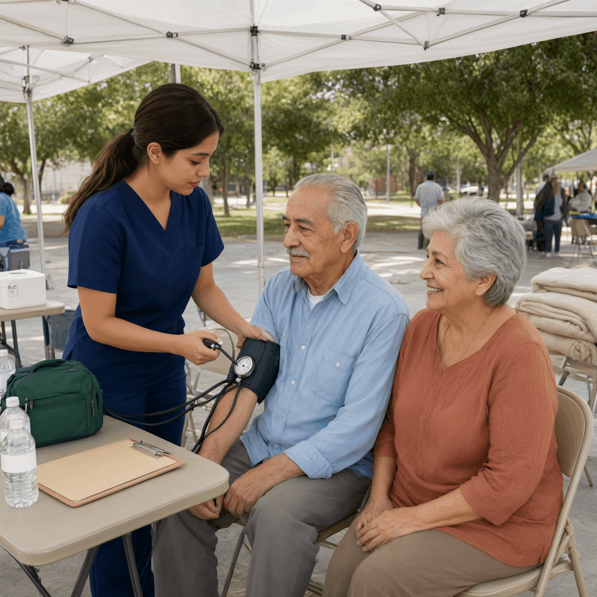 Adultos mayores recibiendo atención en una jornada de salud comunitaria