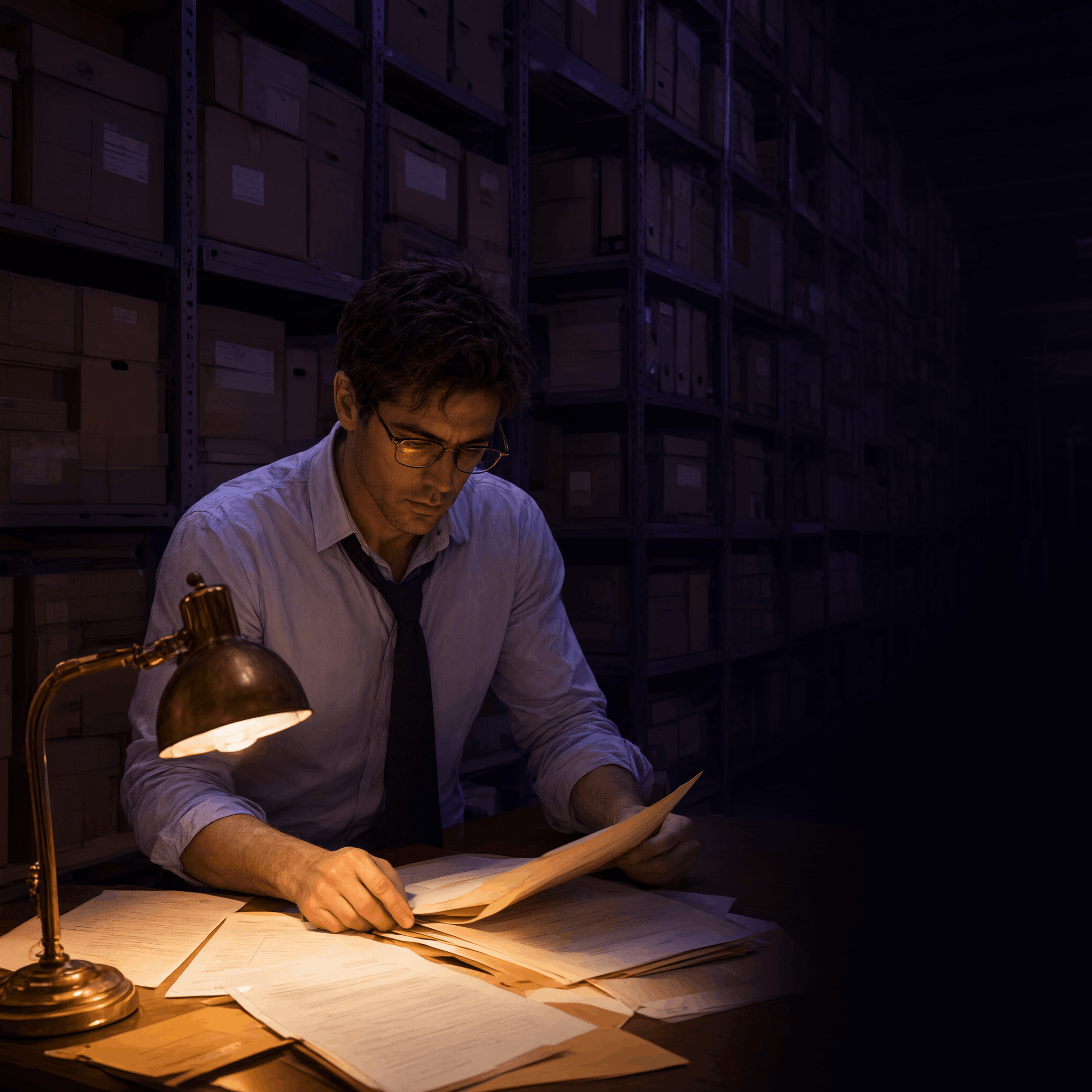 Periodista consultando documentos oficiales en un archivo con iluminación tenue