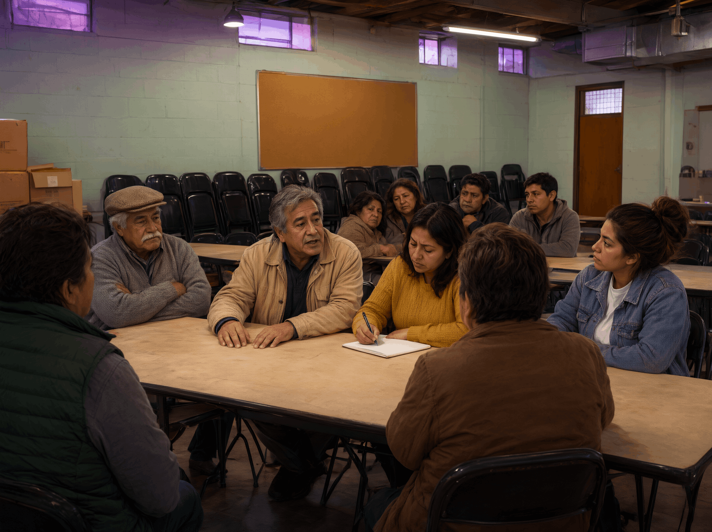 Reunión de un comité ciudadano en un salón comunitario de Venustiano Carranza