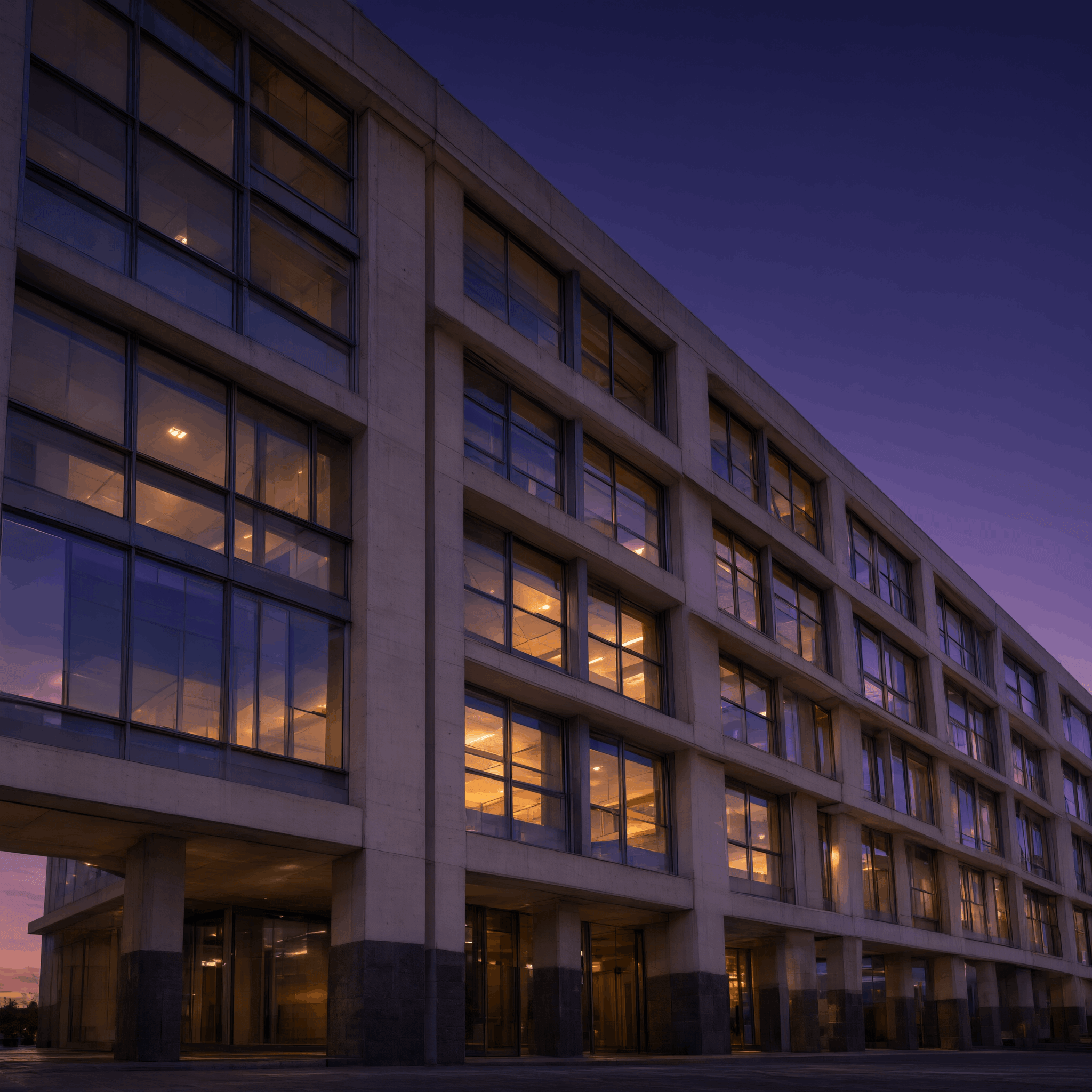 Fachada de un edificio administrativo de la alcaldía iluminado al anochecer