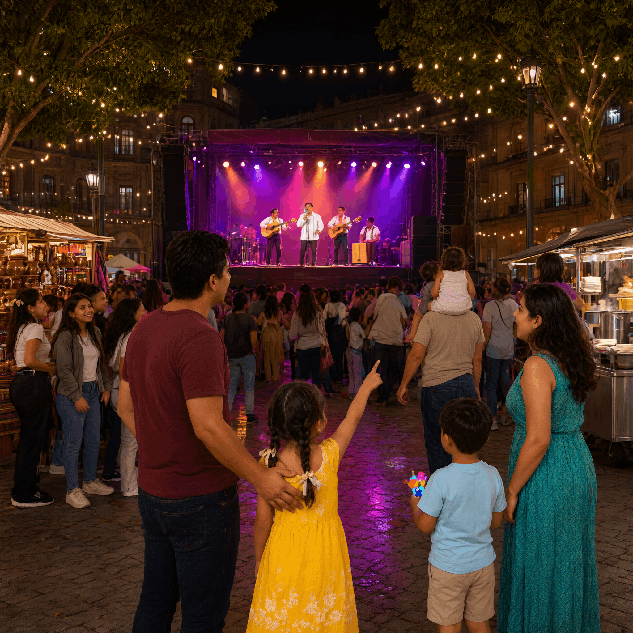 Festival cultural nocturno en una plaza pública con escenario iluminado y familias