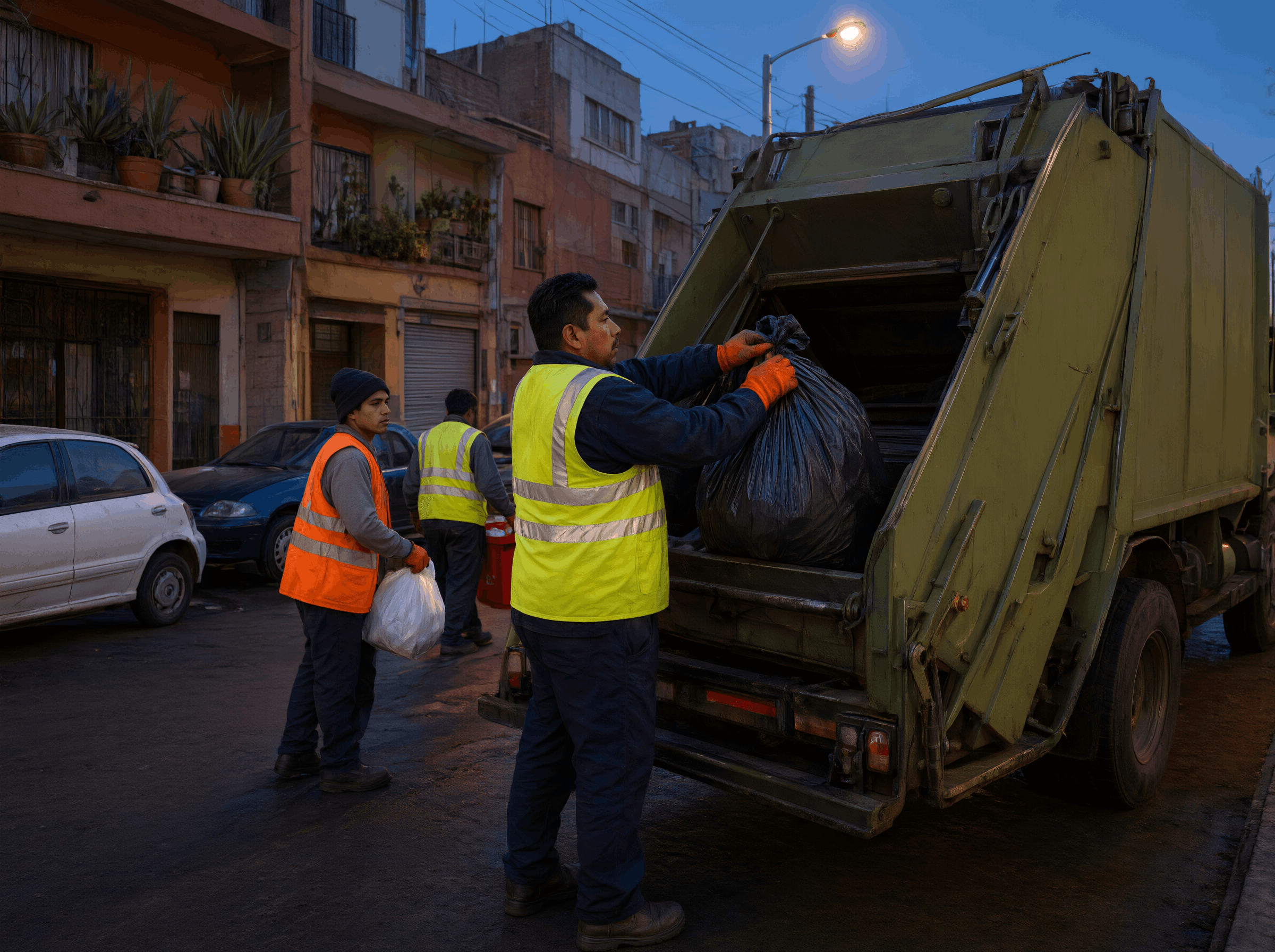 Personal de limpieza urbana recolectando residuos en una calle de la alcaldía al amanecer