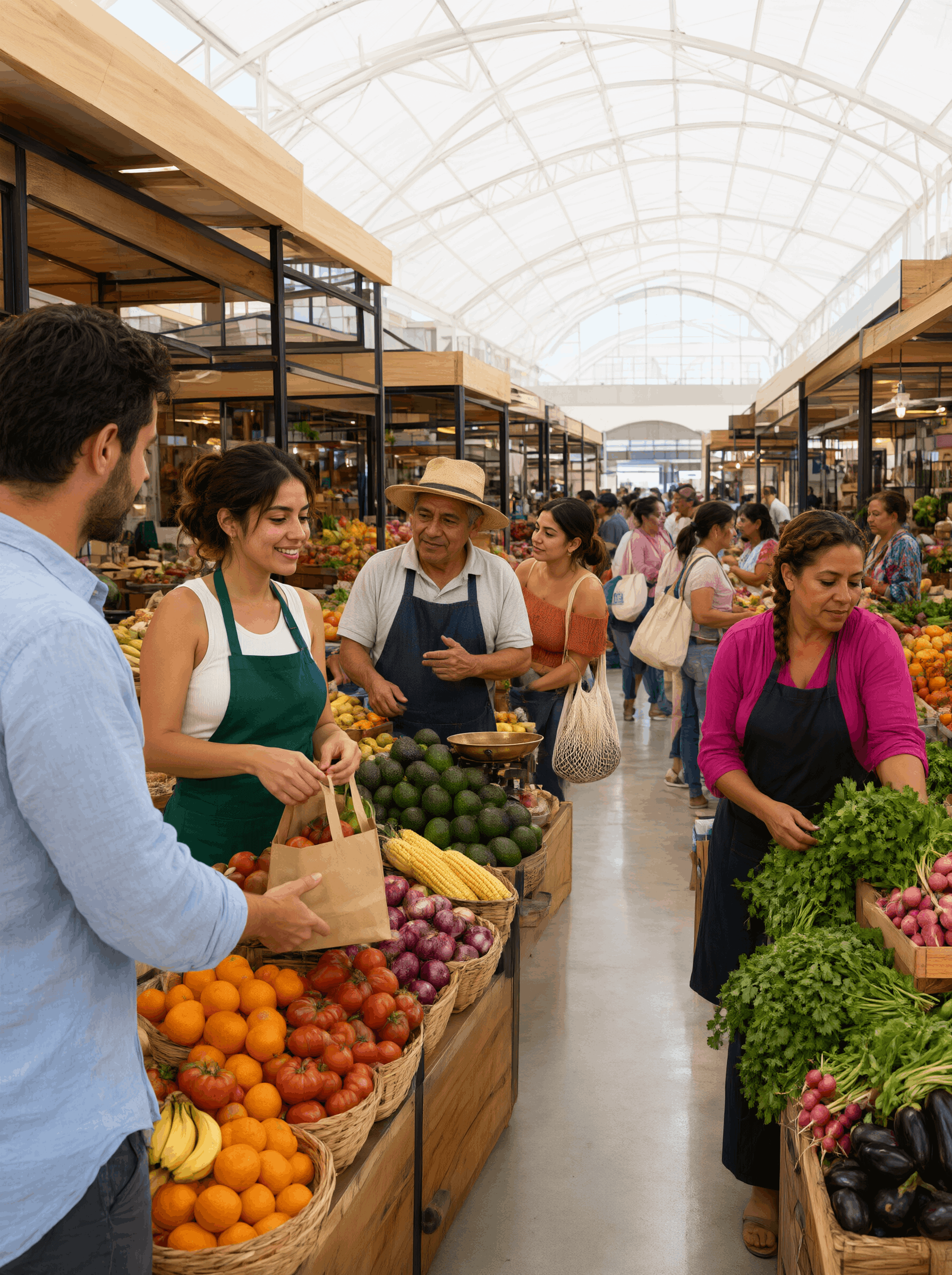 Locatarios atendiendo en un mercado público rehabilitado con techumbre nueva